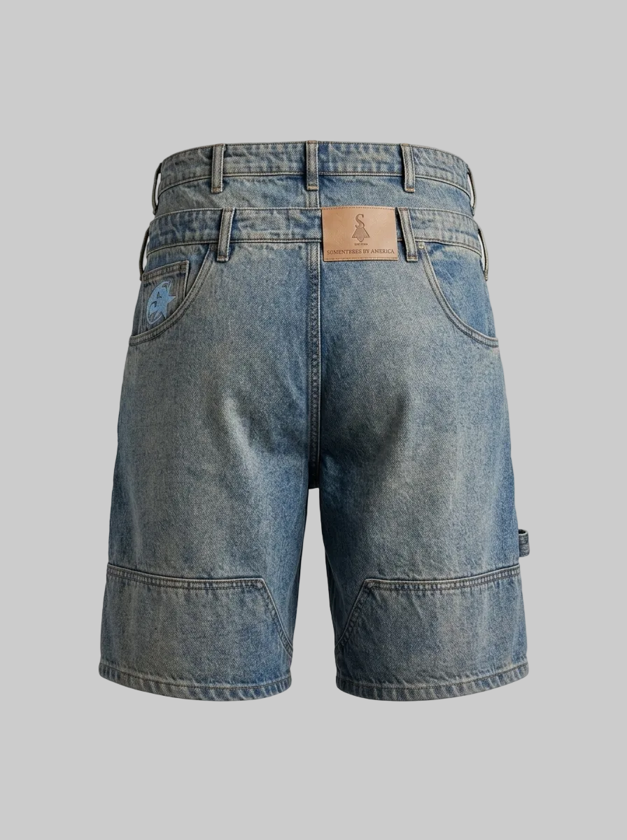 Double Waist Utility Denim Shorts (Blue)