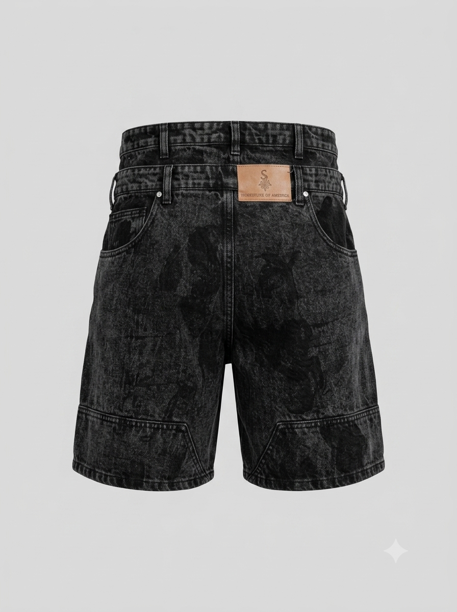 Double Waist Utility Denim Shorts (Black)
