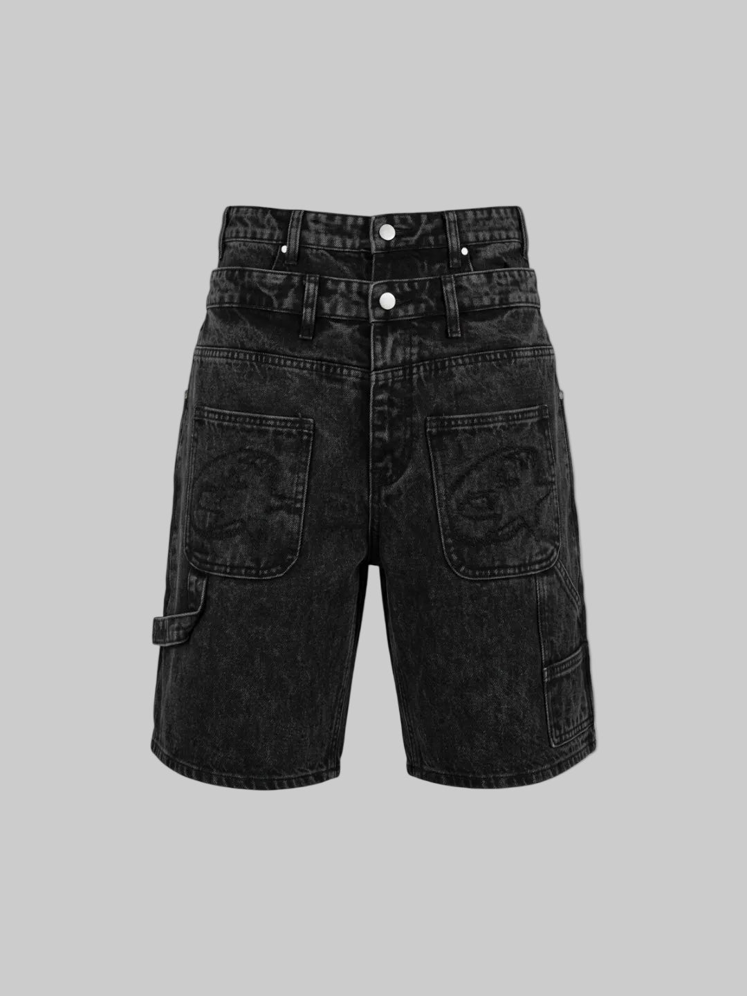 Double Waist Utility Denim Shorts (Black)