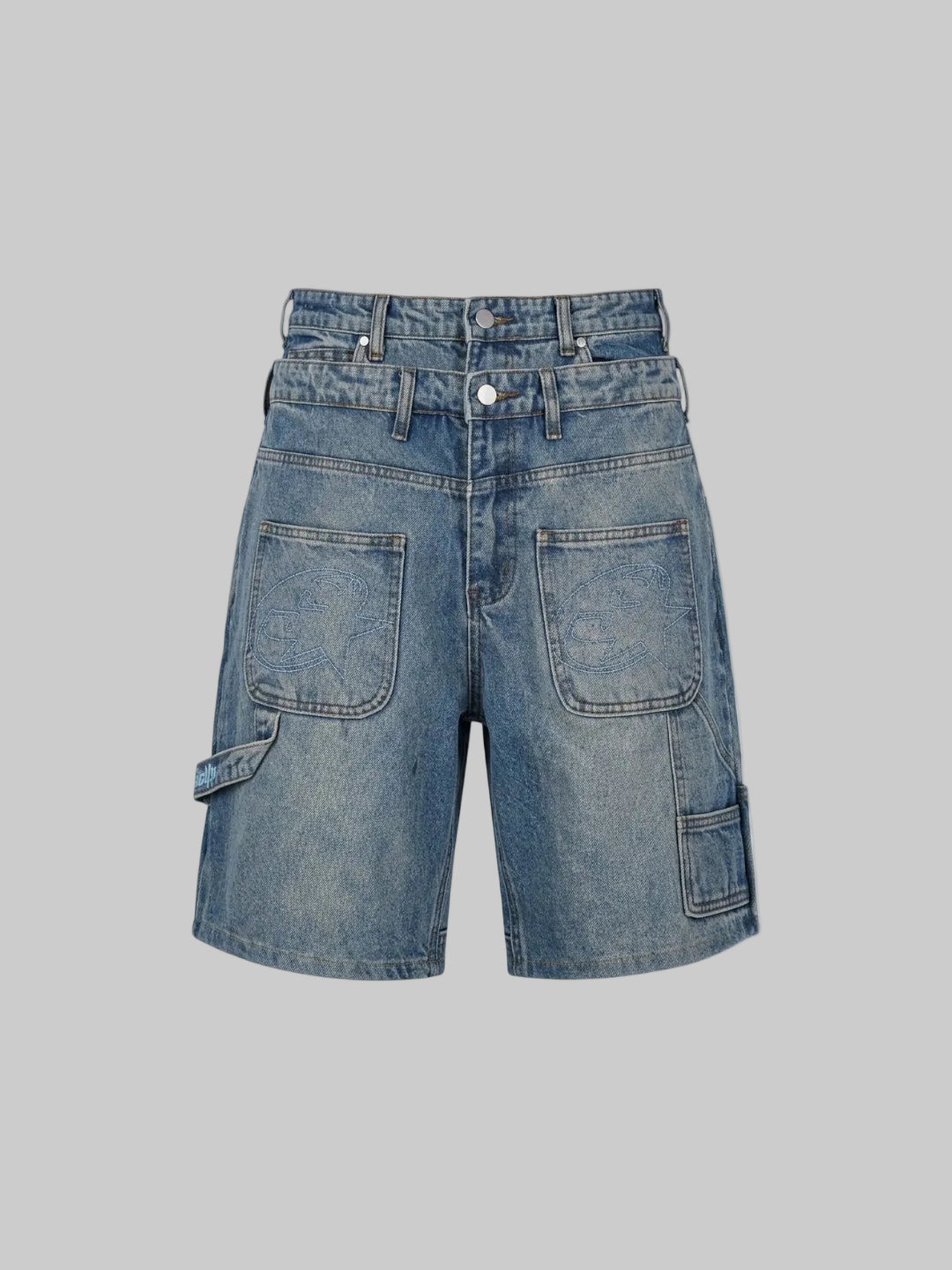 Double Waist Utility Denim Shorts (Blue)