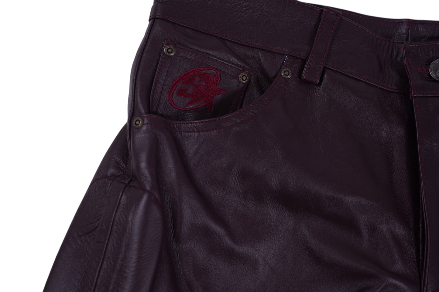 LEATHER MOTO PADDED PANTS (BURGUNDY)