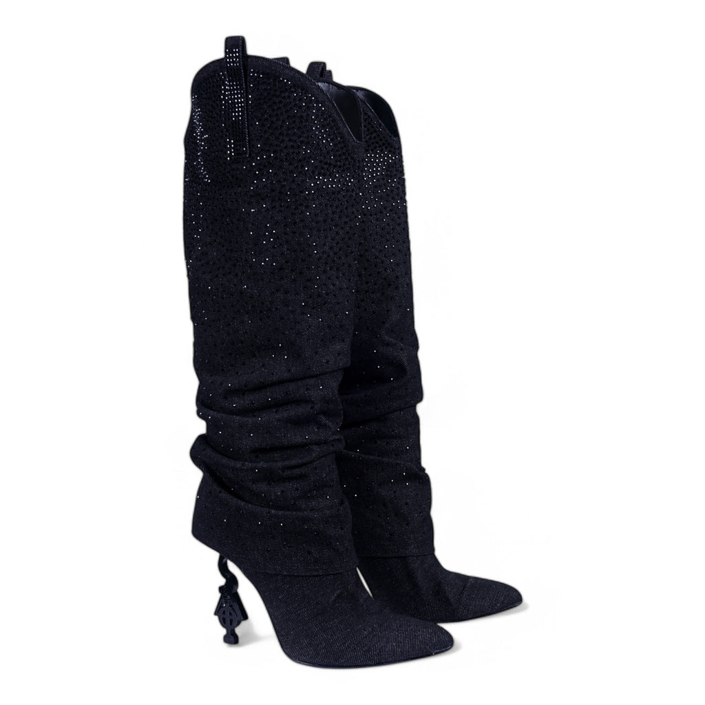 SIA HER DENIM COWBOY BOOTS (BLACK)