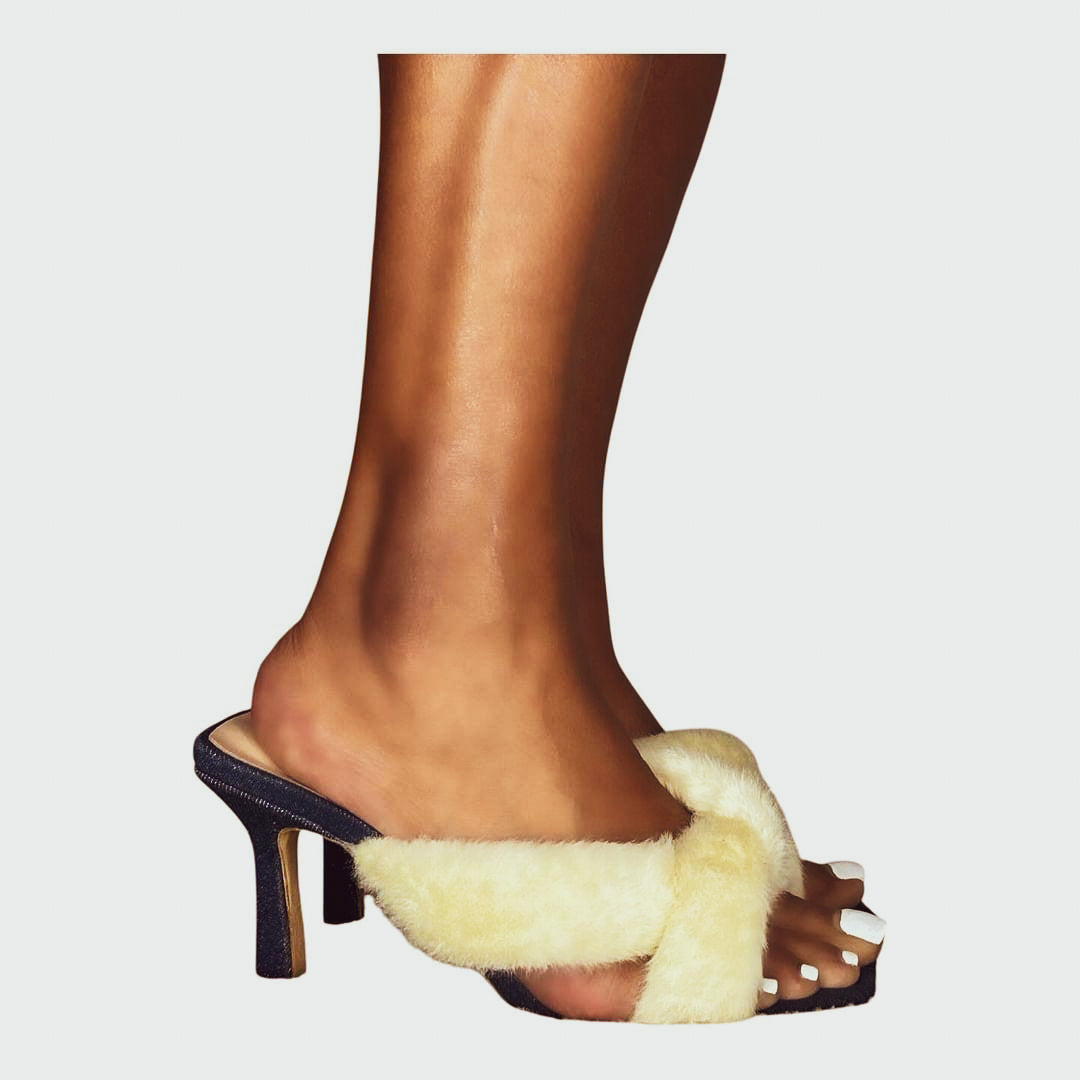 SIA HER DENIM & FUR KITTEN HEELS