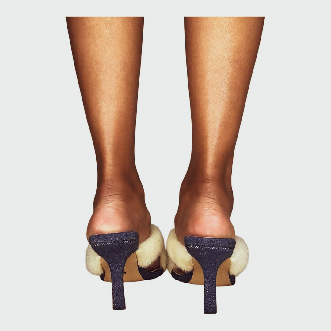 SIA HER DENIM & FUR KITTEN HEELS