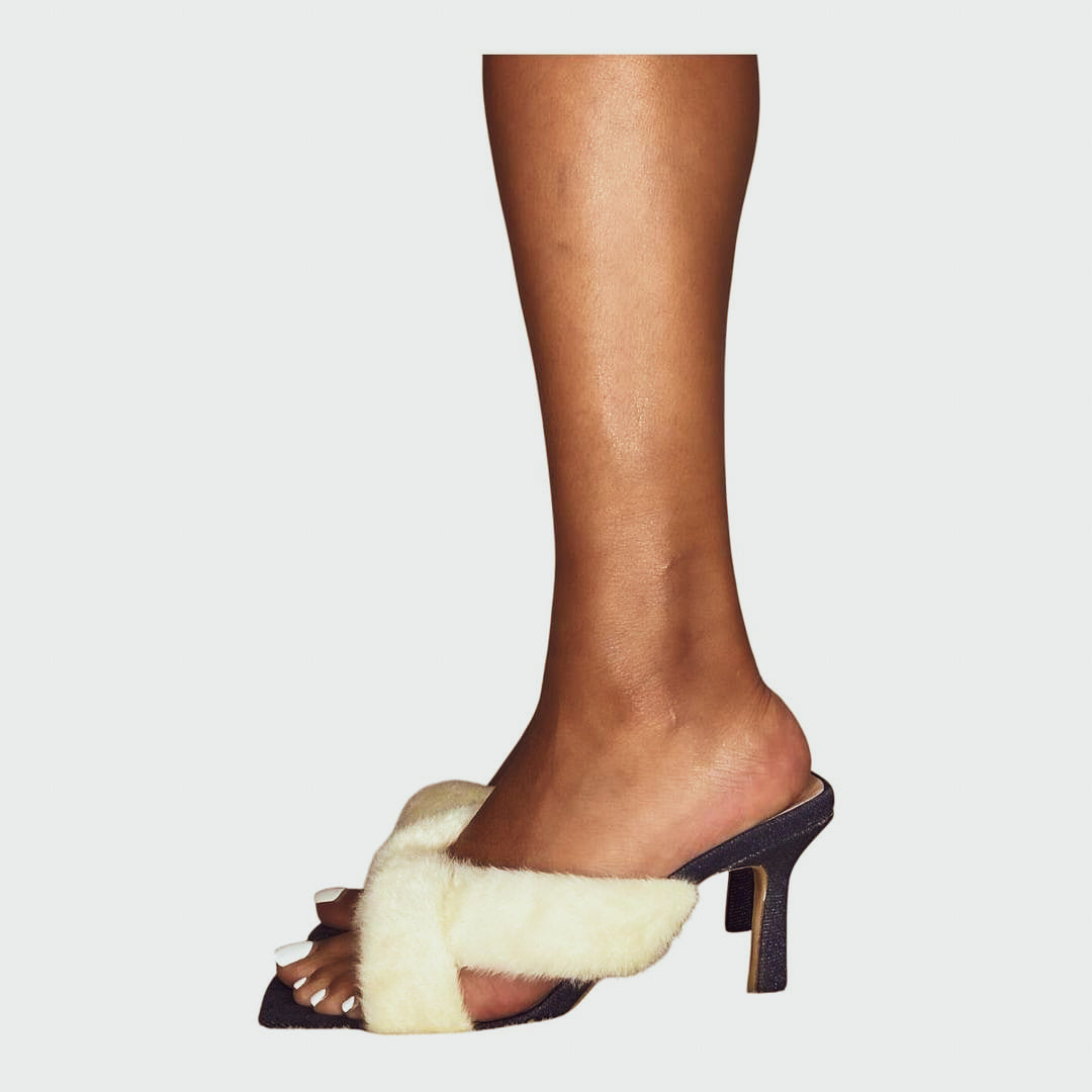 SIA HER DENIM & FUR KITTEN HEELS