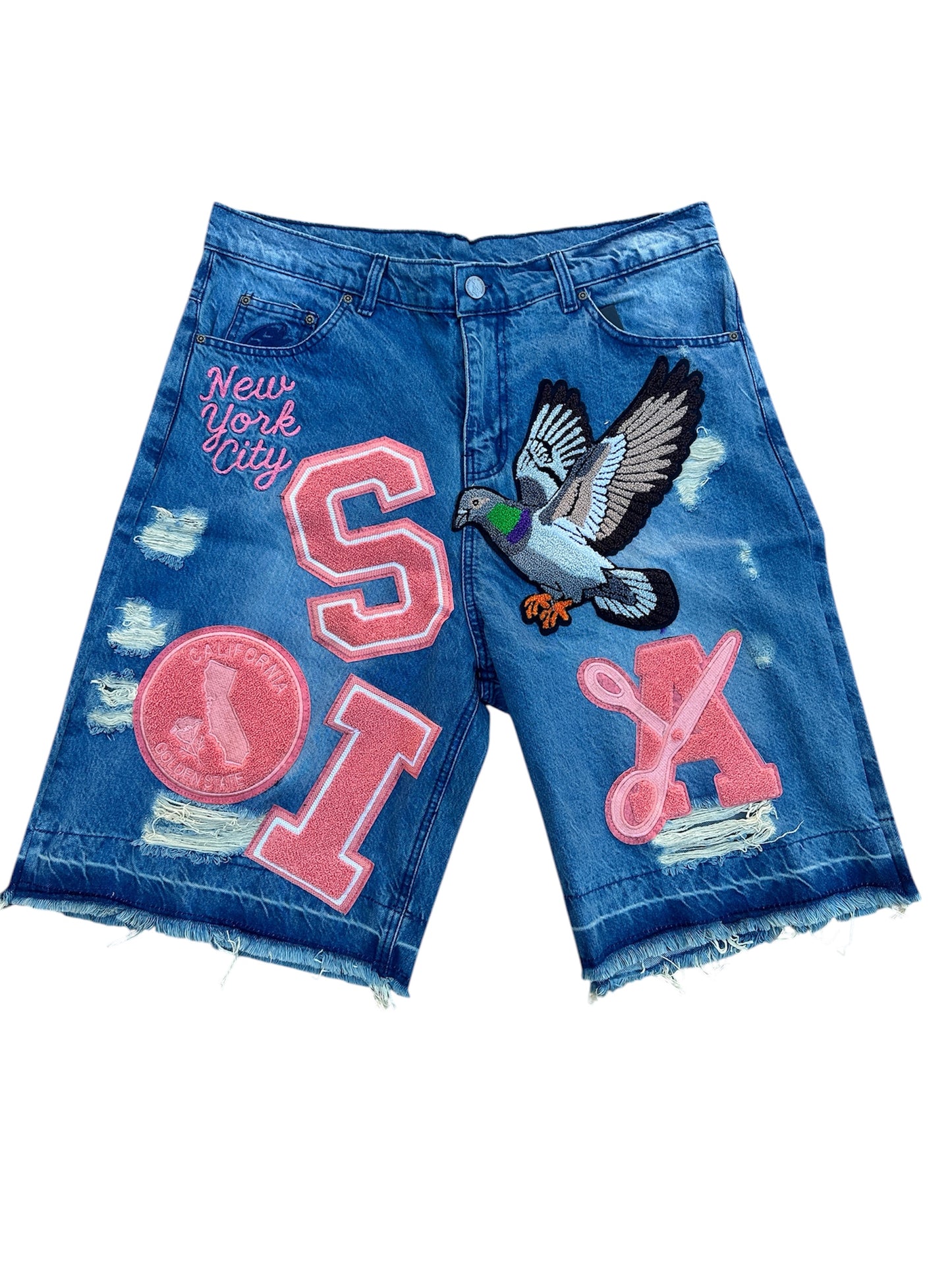 Patchwork Denim Shorts (Light Blue)