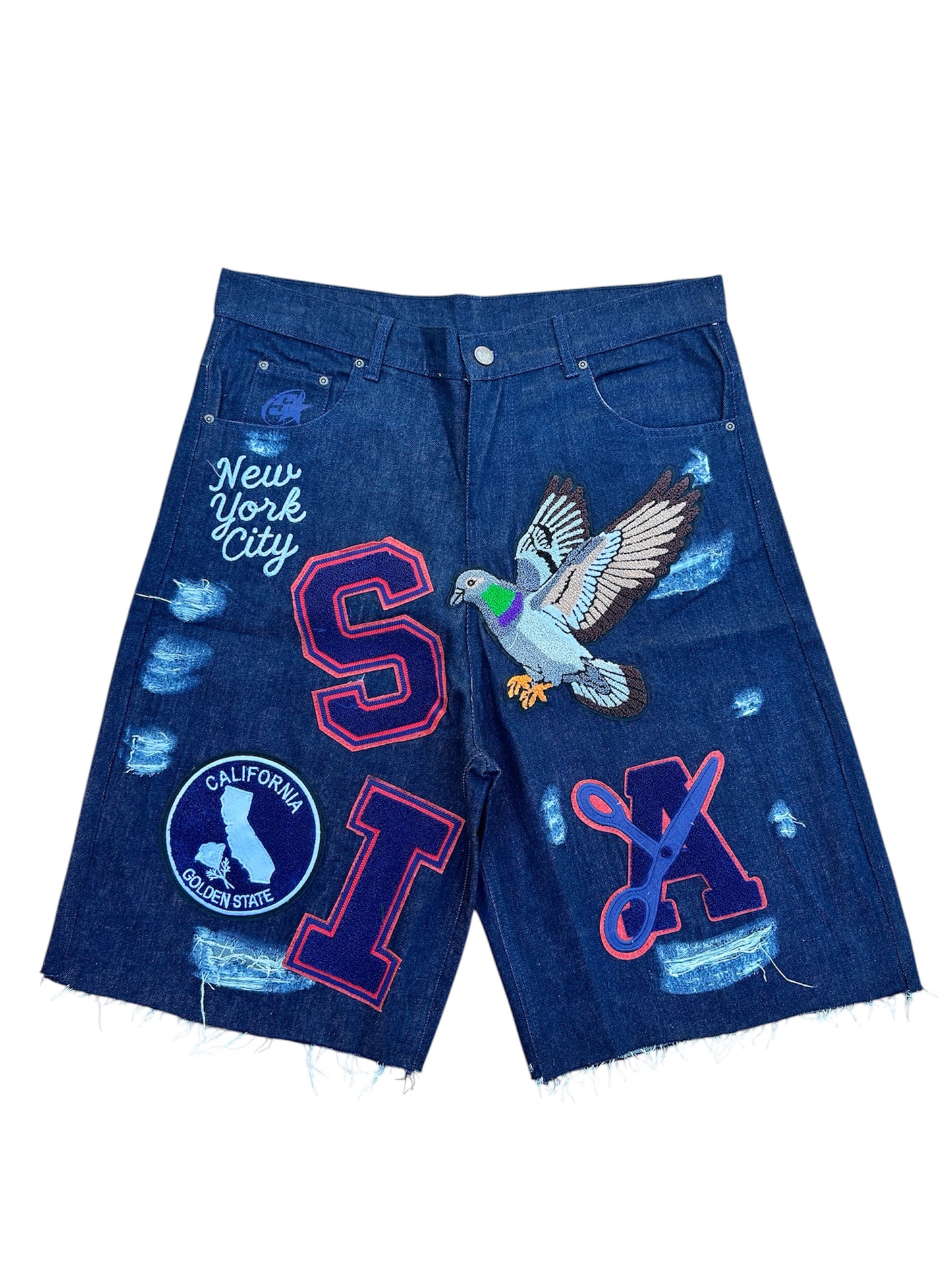 Patchwork Denim Shorts (Blue)