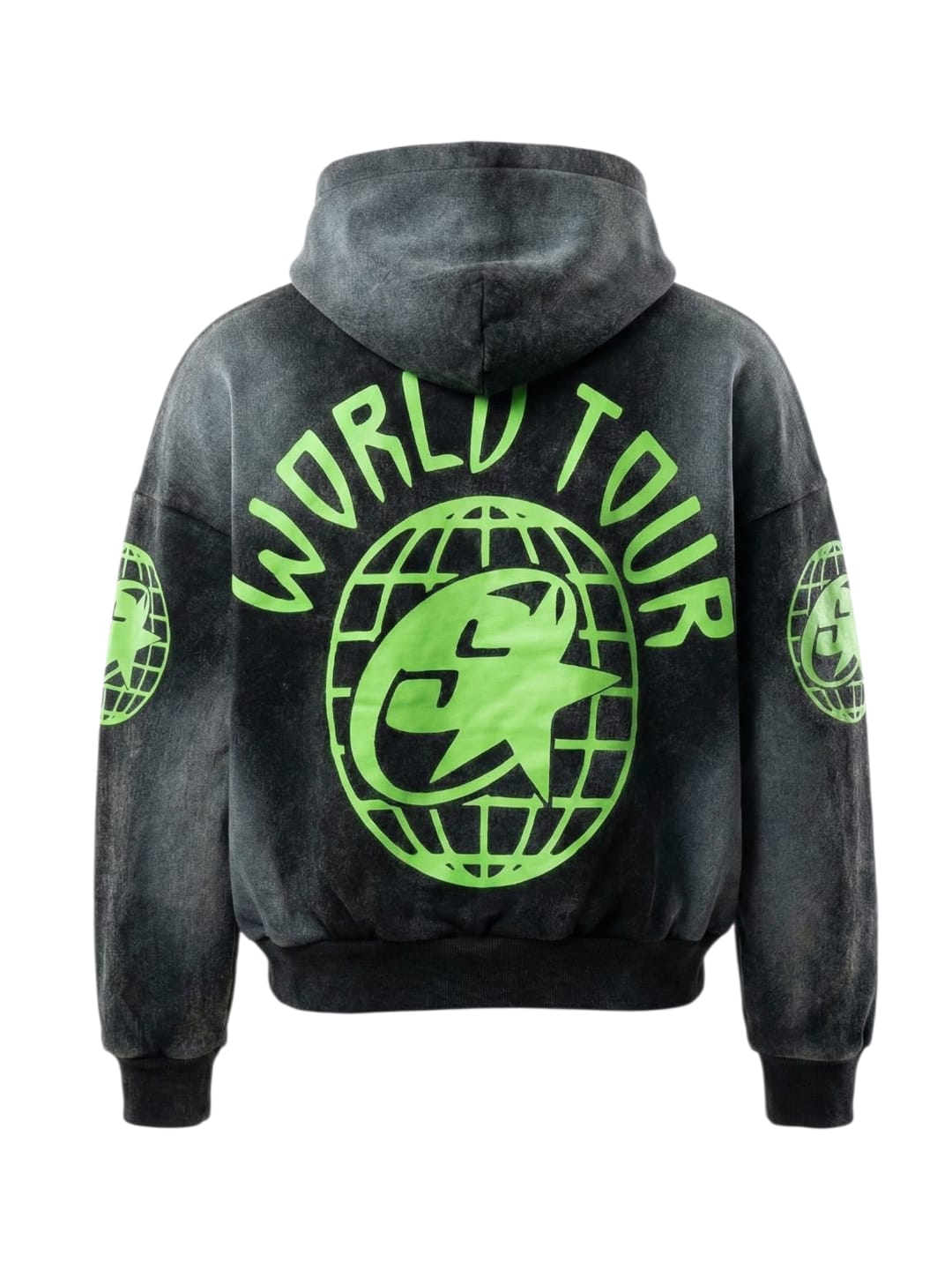 World Tour Vultures Hoodie (Black Acid Wash + Neon Green)