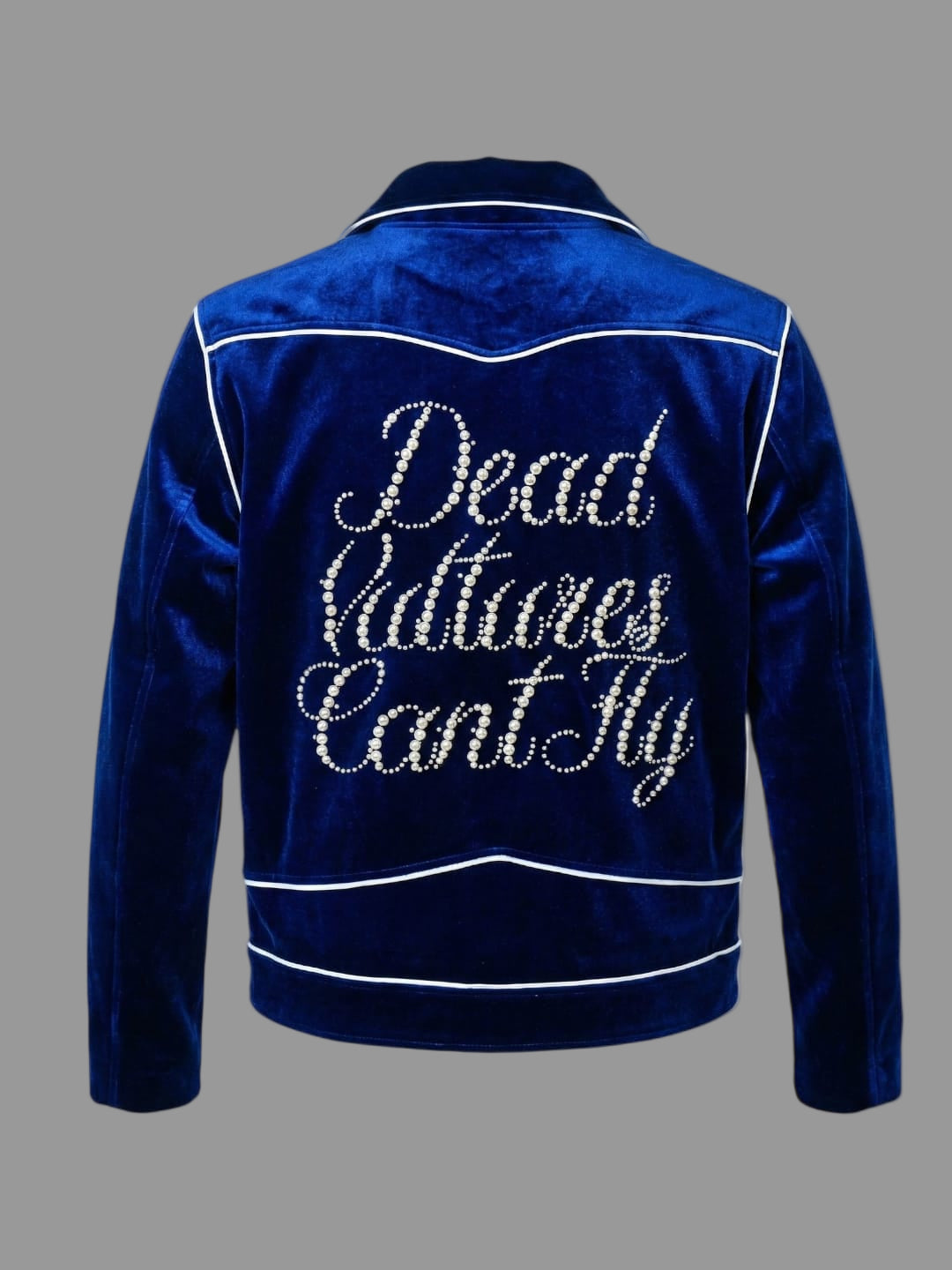 Blue “Dead Vultures Can’t Fly” Pearl Velvet Moto Jacket