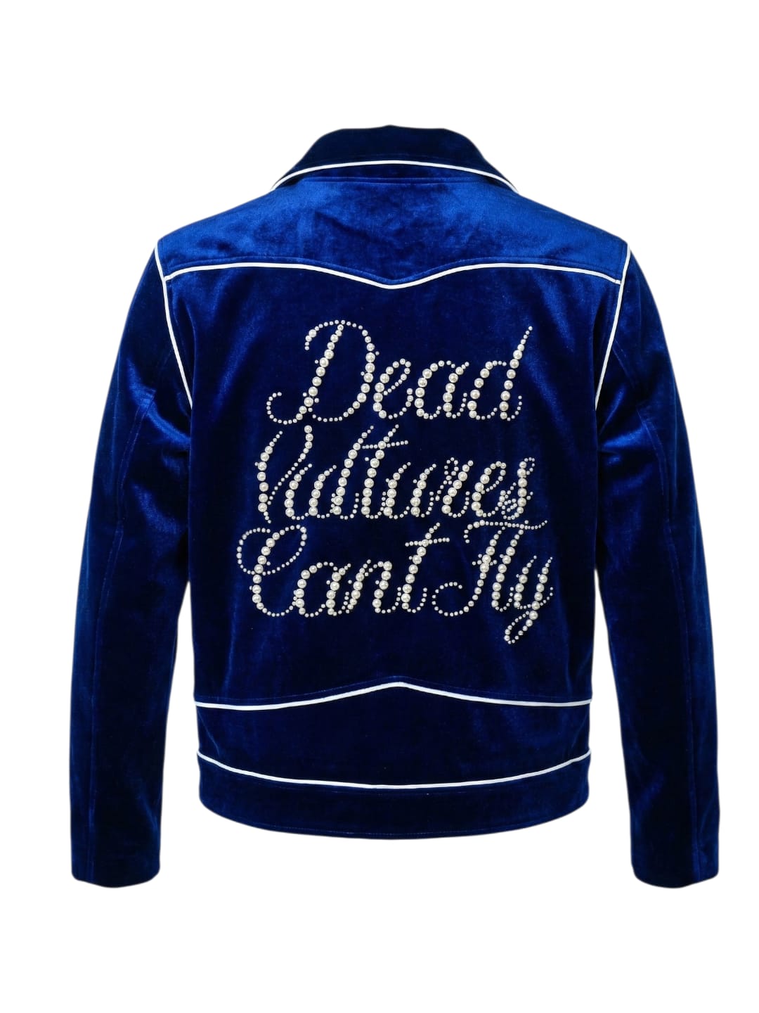 Blue “Dead Vultures Can’t Fly” Pearl Velvet Moto Jacket