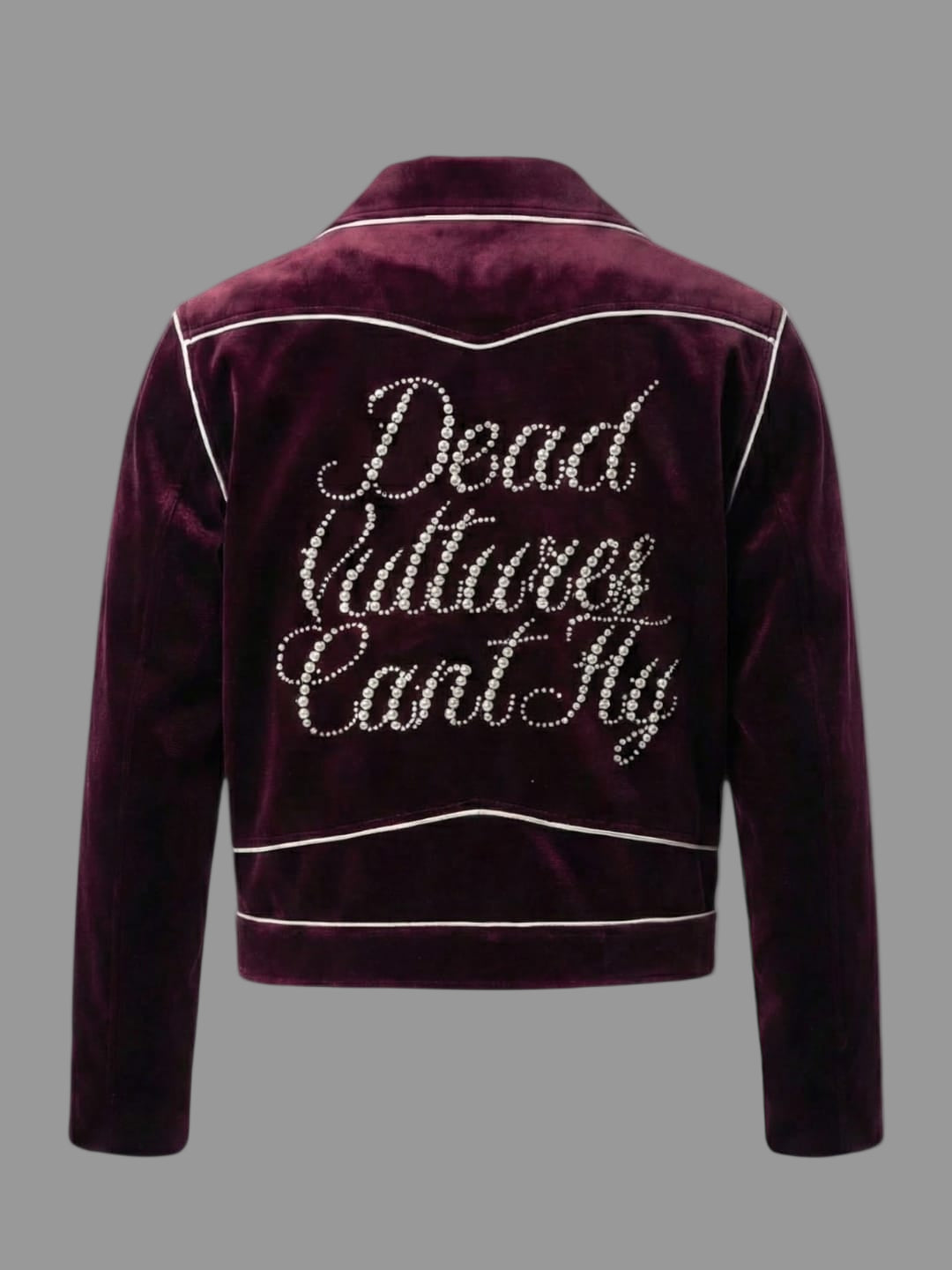 “Dead Vultures Can’t Fly” Pearl Velvet Moto Jacket (Merlot)