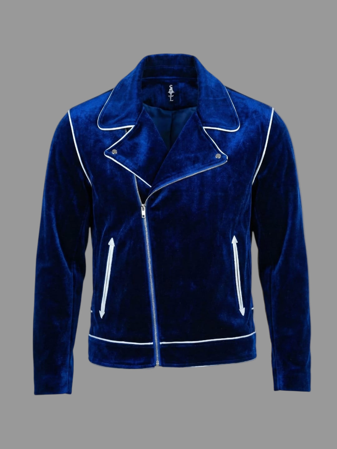 Blue “Dead Vultures Can’t Fly” Pearl Velvet Moto Jacket