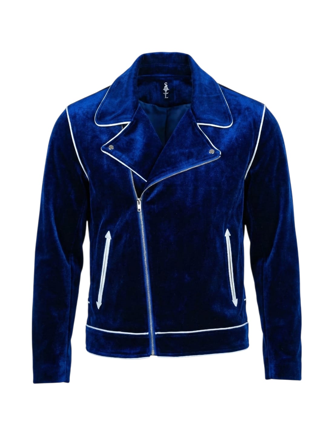 Blue “Dead Vultures Can’t Fly” Pearl Velvet Moto Jacket