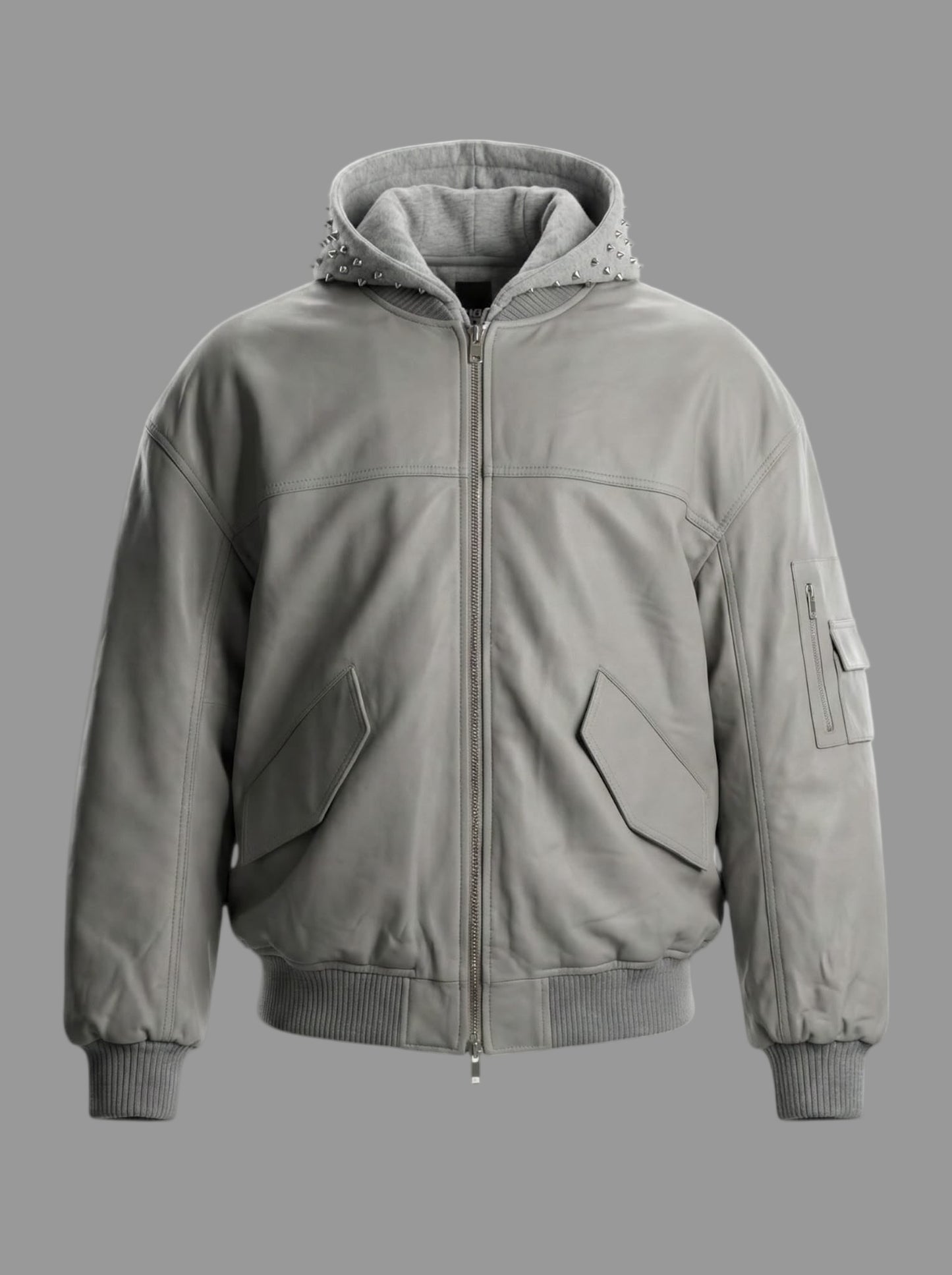 Grey Leather Studded Hoodie Jacket