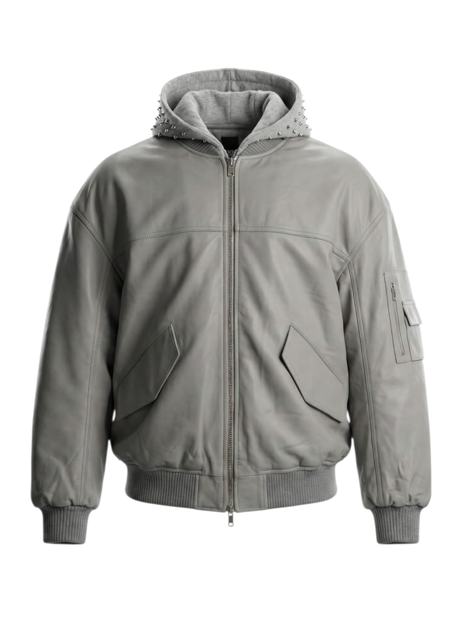 Grey Leather Studded Hoodie Jacket