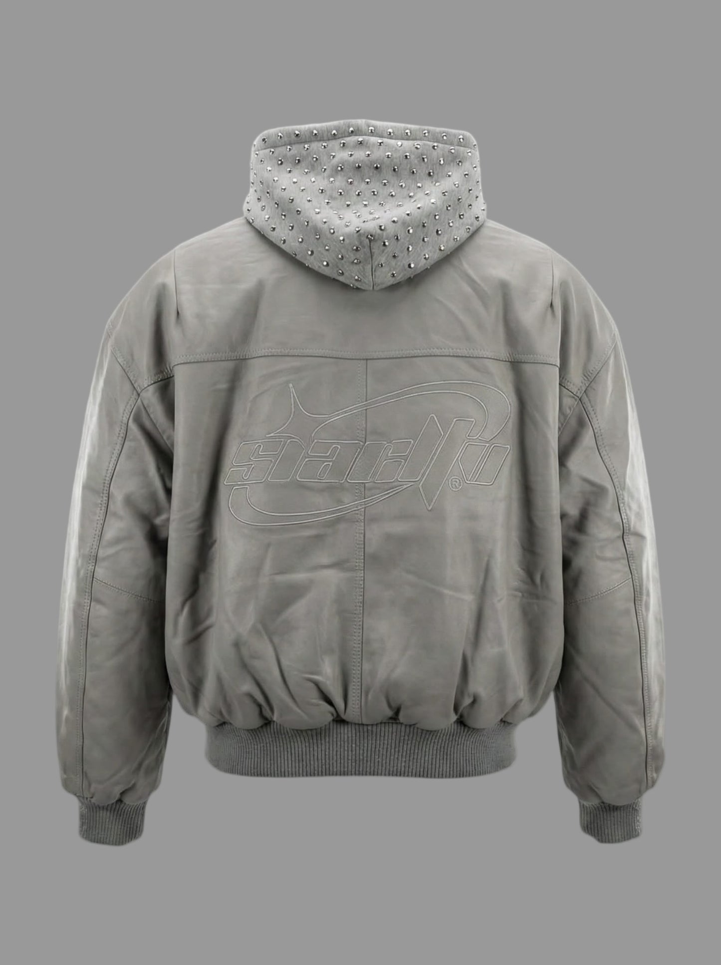 Grey Leather Studded Hoodie Jacket