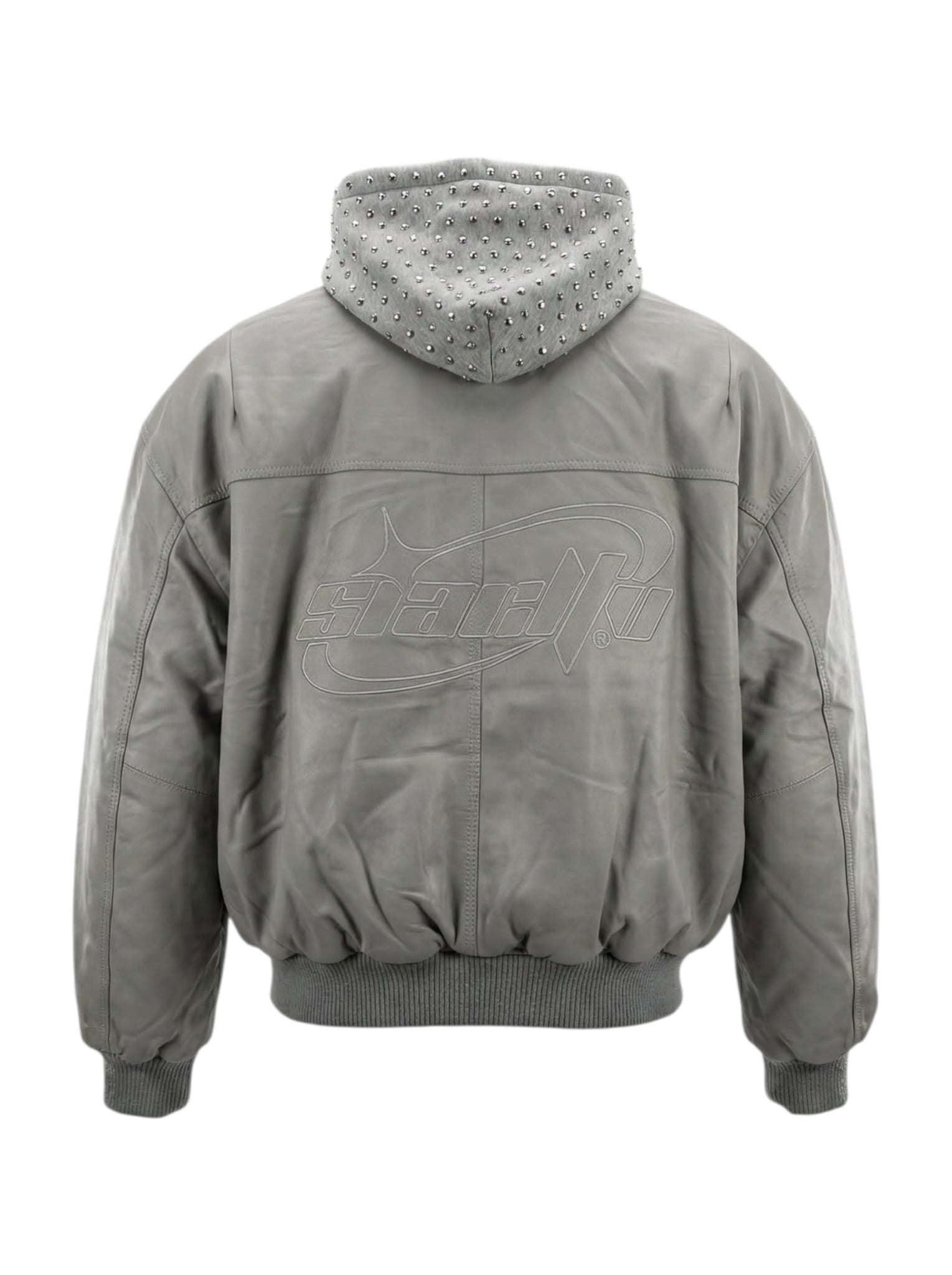 Grey Leather Studded Hoodie Jacket