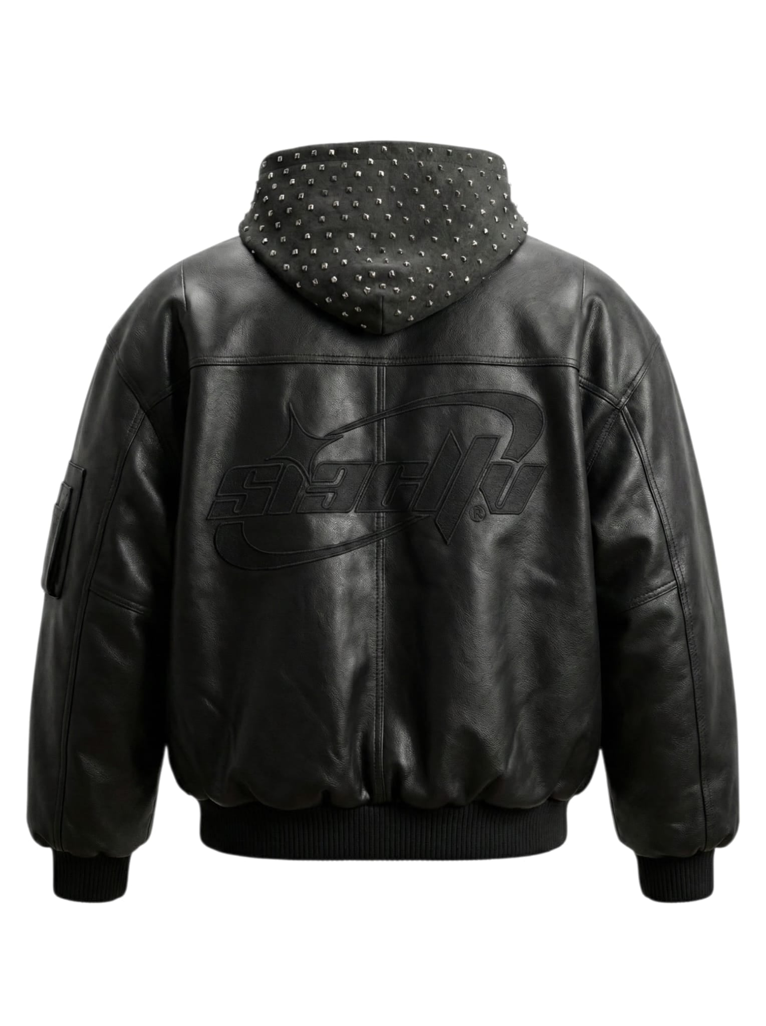 Black Leather Studded Hoodie Jacket