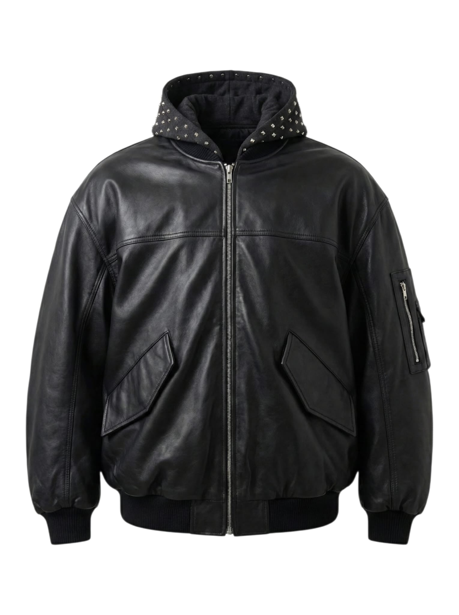 Black Leather Studded Hoodie Jacket